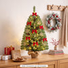 Pre-lit 3 ft mini Christmas tree with 50 warm white LED lights, pine cones, and a linen-wrapped base.