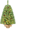 Pre-lit mini Christmas tree with 50 warm white LED lights and pine cones, shown close-up with its linen-wrapped base.