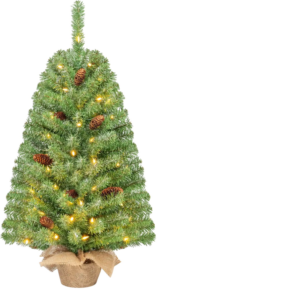Pre-lit mini Christmas tree with 50 warm white LED lights and pine cones, shown close-up with its linen-wrapped base.