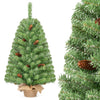 Pre-lit mini Christmas tree with 50 warm white LED lights, snow-dusted tips, pine cones, and a linen-wrapped base.
