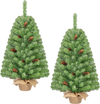 Two 3 ft pre-lit mini Christmas trees shown side by side with pine cones and linen-wrapped bases.