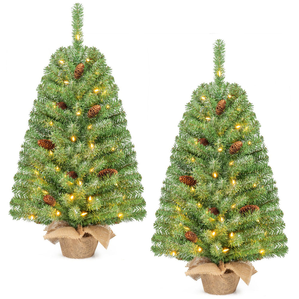 Set of 2 pre-lit mini Christmas trees with 50 warm white LED lights, pine cones, and linen-wrapped bases.