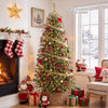 Pre-lit 6 ft Virginia pine Christmas tree with 225 warm white LED lights, decorated with festive bows and surrounded by gifts.