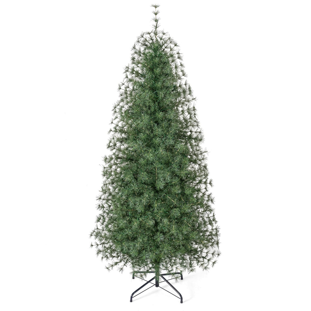 Virginia pine Christmas tree stands 6 ft tall, featuring 225 warm white LED lights and a durable folding metal stand.