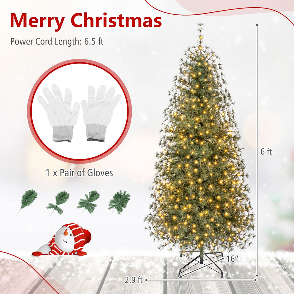 Pre-lit 6 ft Virginia pine Christmas tree with 225 warm white LED lights and gloves for easy holiday decorating.