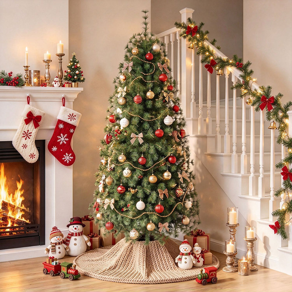 Pre-lit 6 ft Virginia pine Christmas tree with 225 warm white LED lights, perfect for festive holiday home decoration.