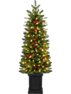 Potted 4 ft pre-lit Christmas tree with red berries and pine cones, featuring 100 LED lights for festive decor.