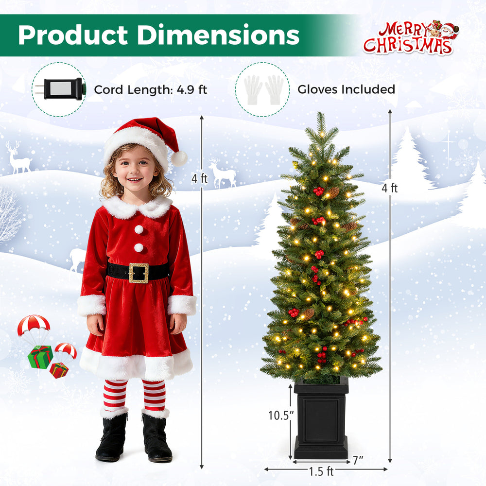 Pre-lit potted pencil Christmas tree with red berries, 4 ft tall, featuring 100 LED lights and gloves included for easy setup.