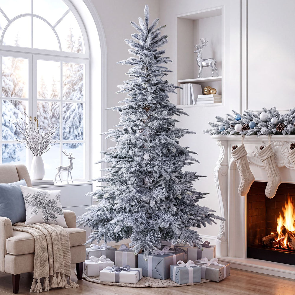 Pre-Lit Snow Flocked Artificial Christmas Tree with Easy-Setup Hinges for Holiday-7FT - Gallery View 1 of 10