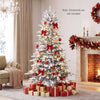 Snow flocked 7/6 FT pre-lit artificial Christmas tree with 500 LED lights and a stable metal base for festive holiday decor.
