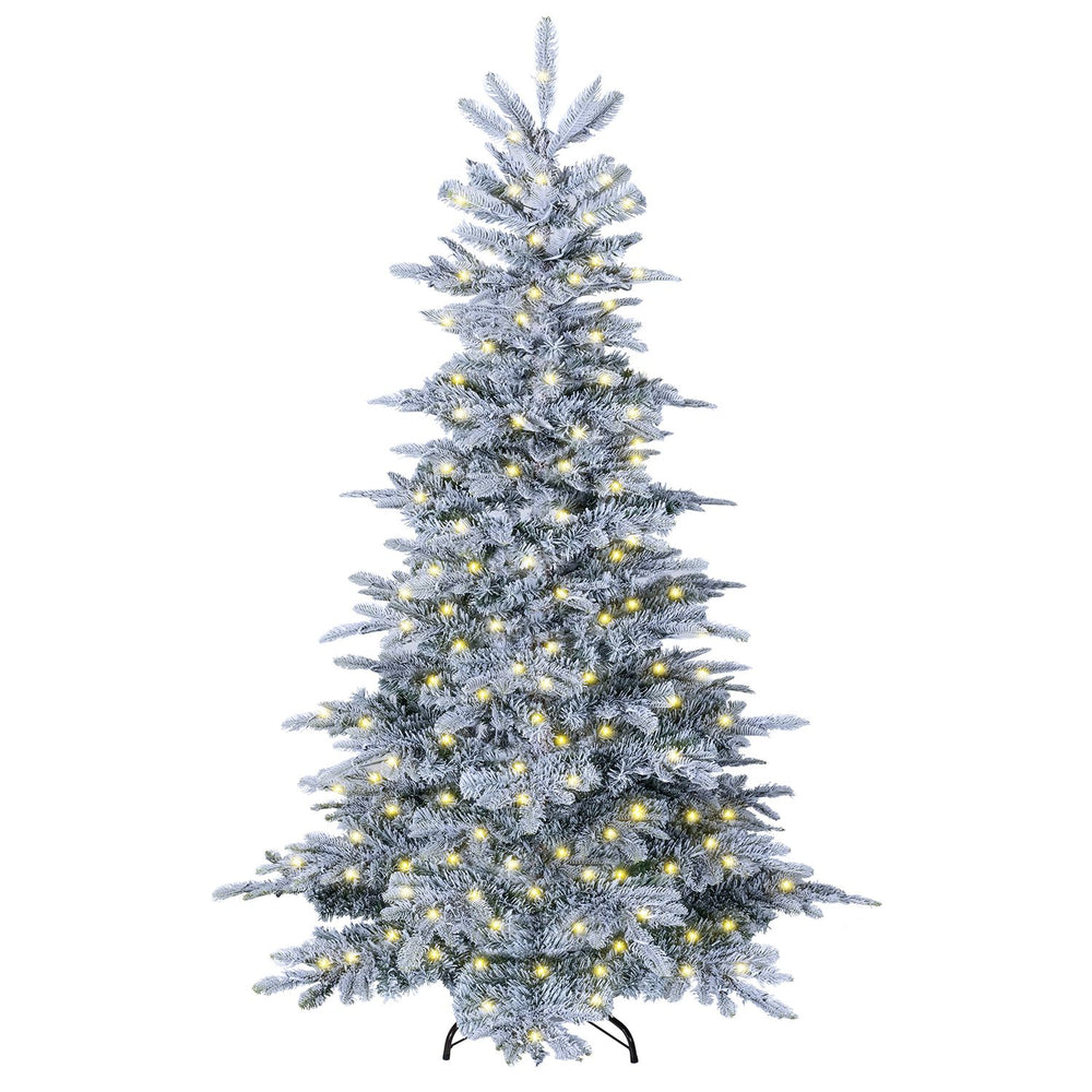 Snow flocked 7/6 FT pre-lit artificial Christmas tree with 500 LED lights, featuring easy-setup hinged branches for convenience.