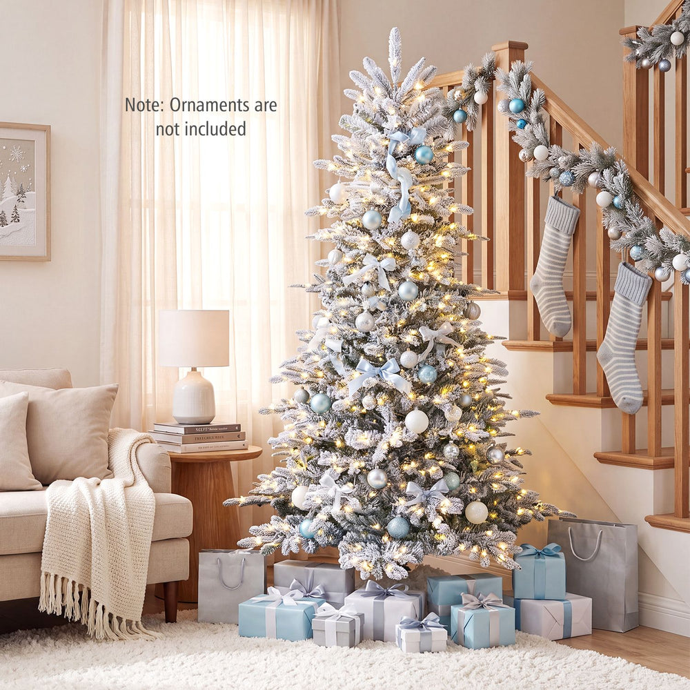Snow-flocked 7.6 FT pre-lit artificial Christmas tree with 500 LED lights, perfect for creating a cozy holiday atmosphere.