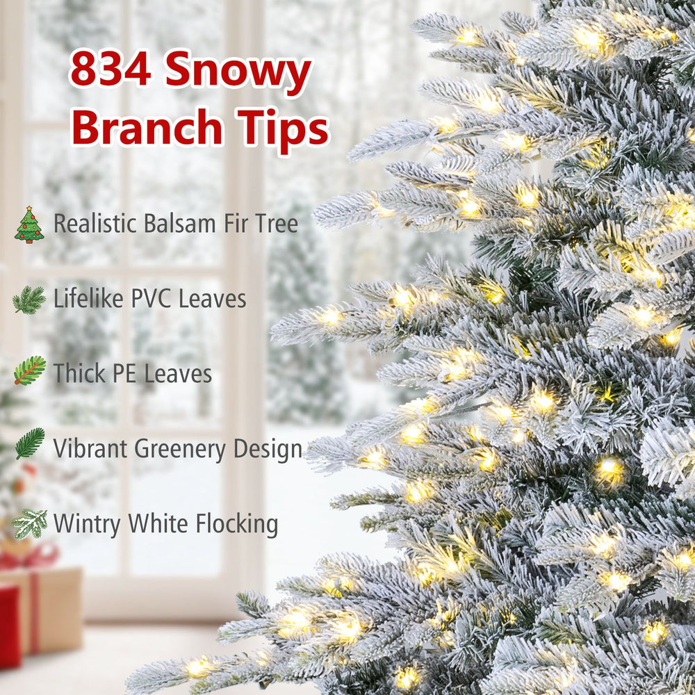 Snowy flocked 7/6 FT pre-lit artificial Christmas tree with 834 branch tips and 420 LED lights for a festive glow.