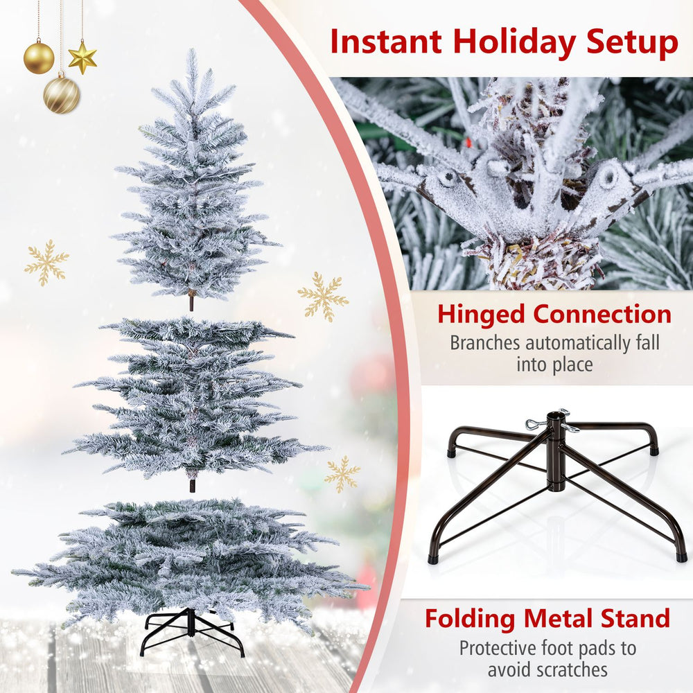 7/6 FT pre-lit snow flocked artificial Christmas tree with hinged connection for easy setup and a stable folding metal stand.