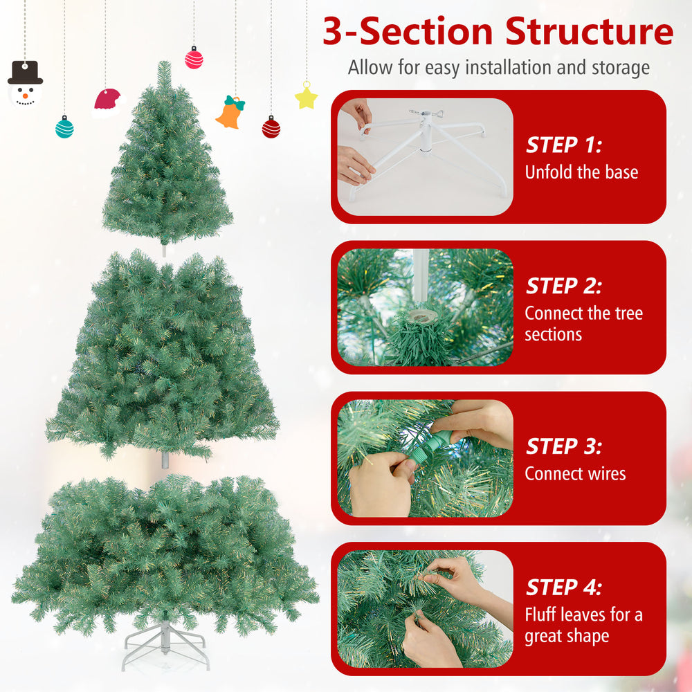 Pre-lit tinsel Christmas tree with 688 branch tips, 250 LED lights, and 3-section structure for easy setup and storage.