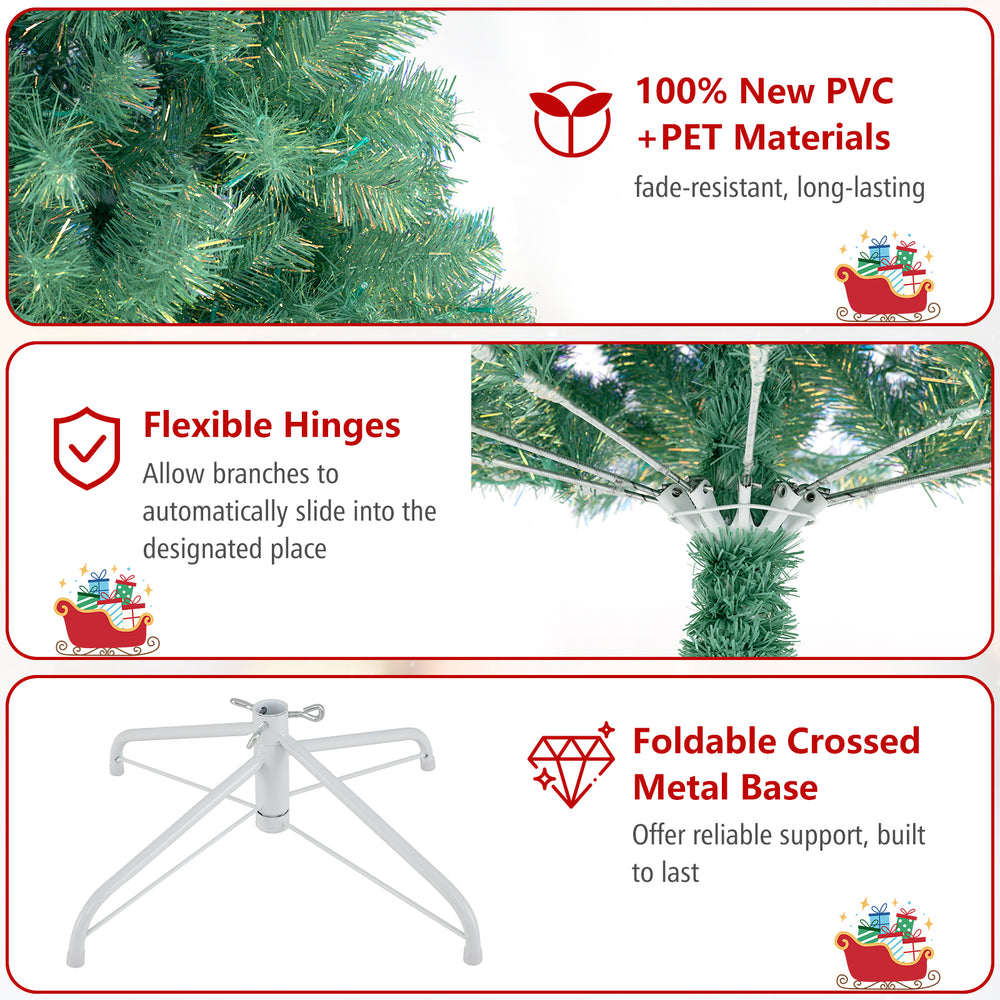 Pre-lit tinsel Christmas tree with 688 branch tips, warm white LED lights, and a sturdy crossed metal base for holiday.