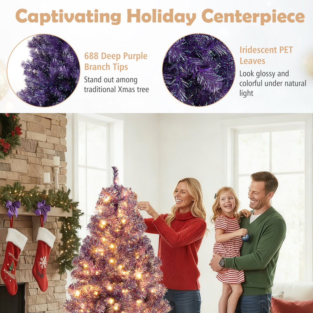 Pre-lit 6ft deep purple tinsel Christmas tree with 688 branch tips and warm white LED lights for festive decor.