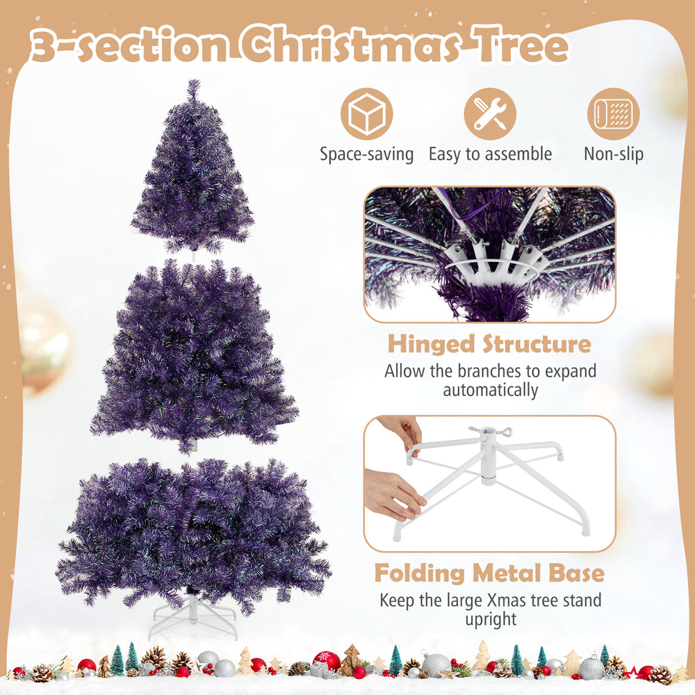 Pre-lit 6ft purple tinsel Christmas tree with lush branch tips and warm white LED lights, featuring a sturdy metal base.