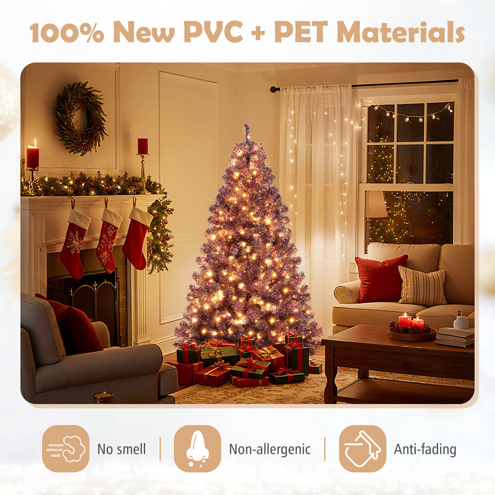 Pre-lit 6ft tinsel Christmas tree with warm white LED lights and lush purple branch tips for festive decor.