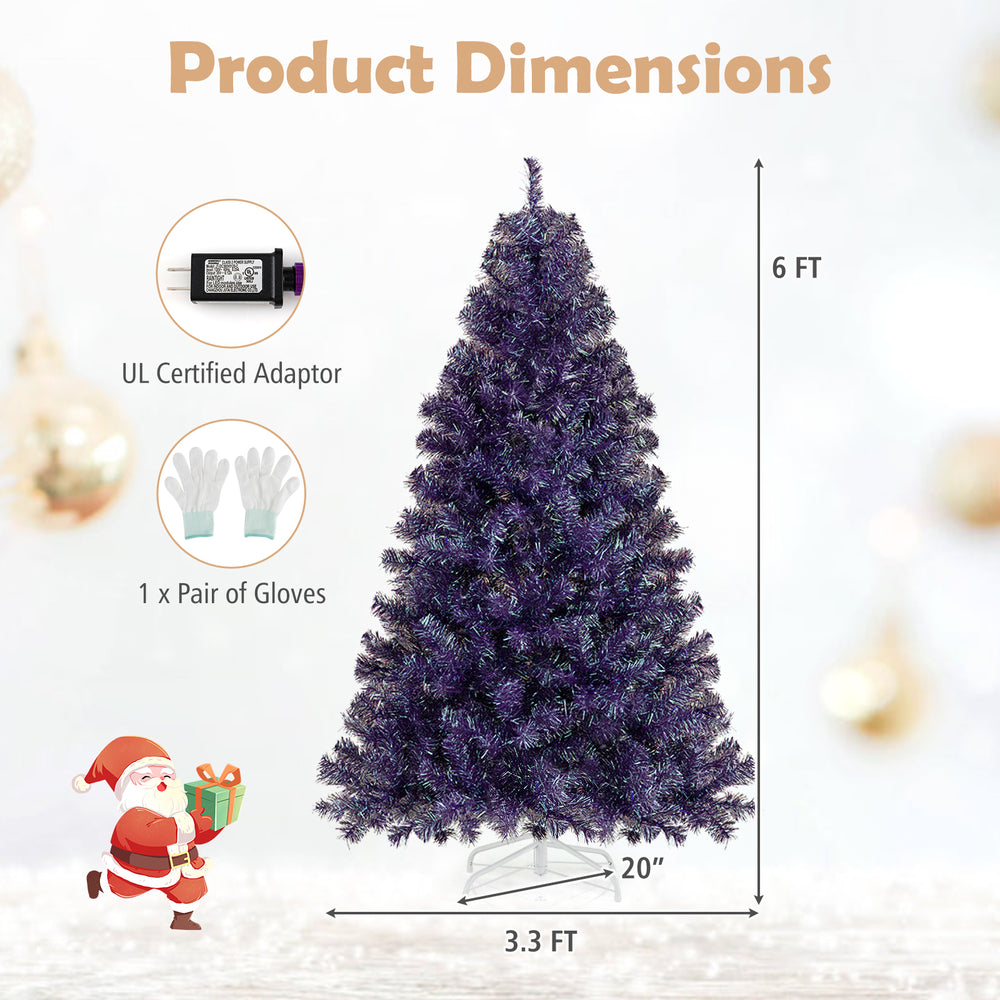 6ft pre-lit tinsel Christmas tree in deep purple with 688 lush branch tips and warm white LED lights for festive decor.