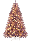 6ft pre-lit tinsel Christmas tree in deep purple with 250 warm white LED lights, perfect for festive decorations.