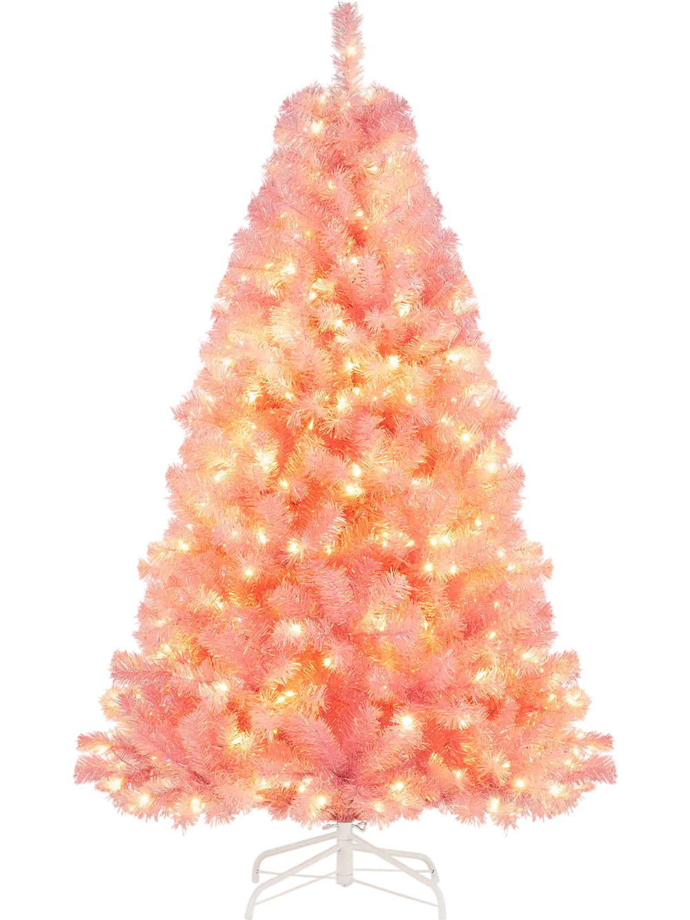 6ft pre-lit pink tinsel Christmas tree with 688 branch tips and 250 warm white LED lights for festive holiday.