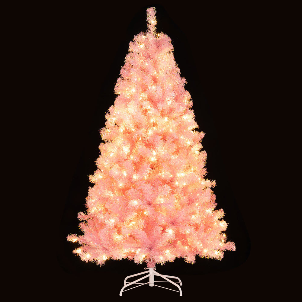 6ft pre-lit pink tinsel Christmas tree with 550 warm white LED lights and lush branch tips for festive holiday.
