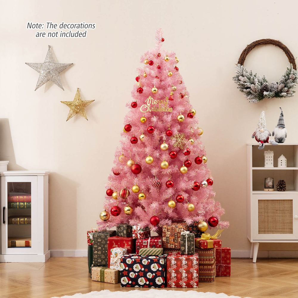 Pink pre-lit tinsel Christmas tree with 688 lush branch tips and 250 warm white LED lights, perfect for holiday.