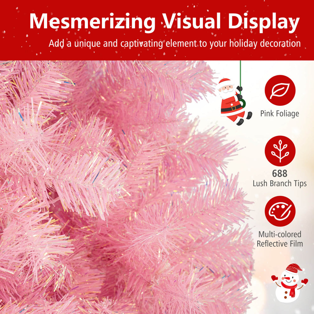 Pink foliage of a 6ft pre-lit tinsel Christmas tree with 688 lush branch tips, ideal for festive holiday decoration.