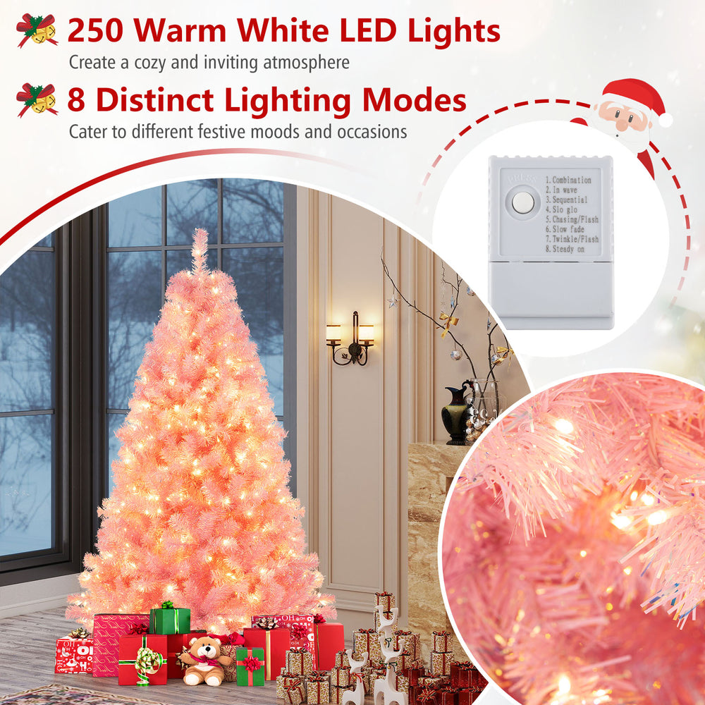 Pre-lit 6ft pink tinsel Christmas tree with 250 warm white LED lights and 8 lighting modes for festive decoration.