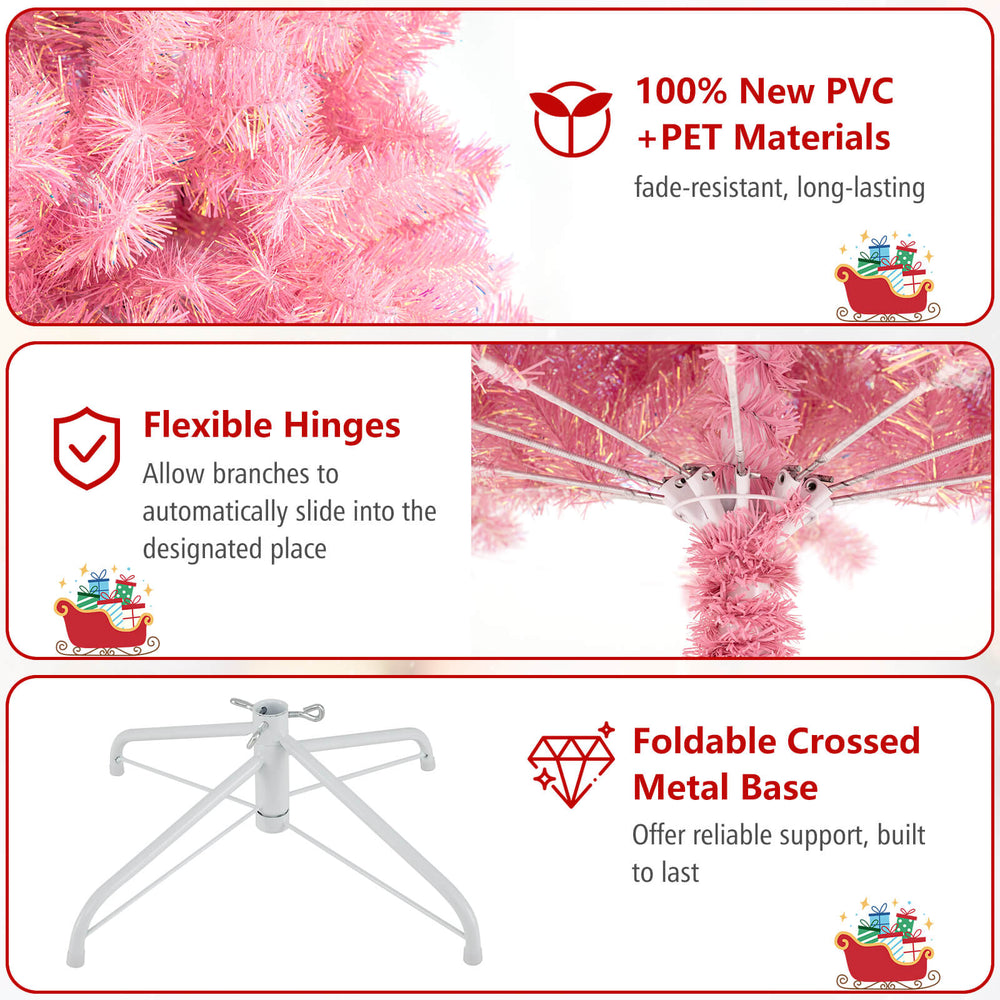 Pre-lit pink tinsel Christmas tree with 688 lush branch tips, flexible hinges, and a sturdy metal base for holiday.