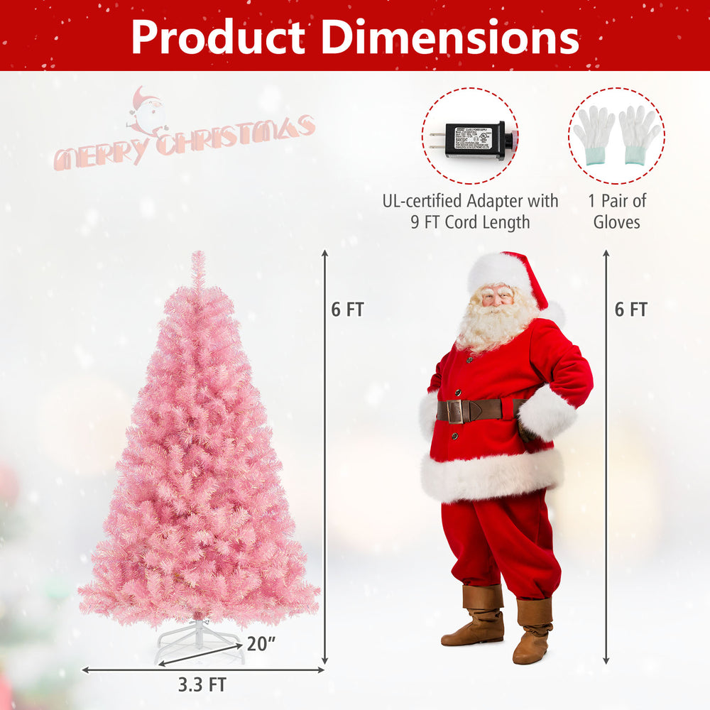 Pink 6ft pre-lit tinsel Christmas tree with lush branch tips and warm white LED lights, perfect for holiday decoration.