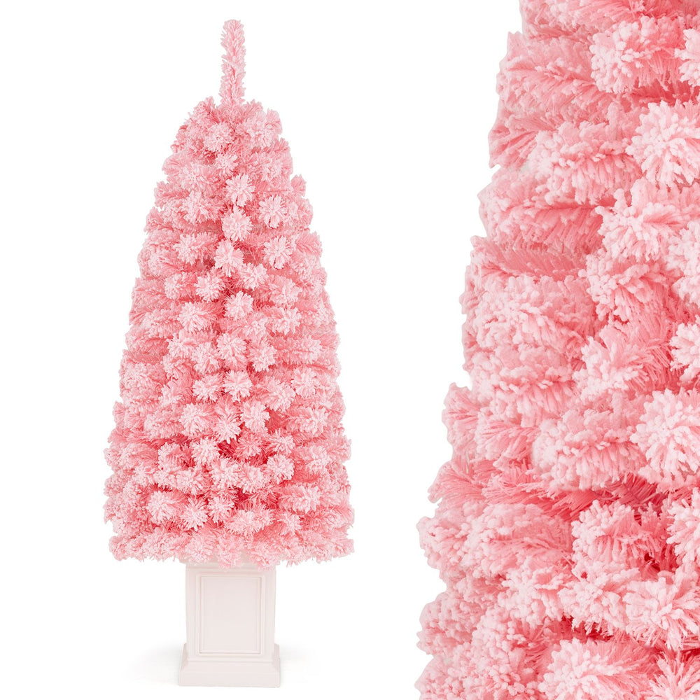 Close-up view of the potted 4FT pre-lit artificial Christmas tree showcasing the fluffy pink leaves and warm white LED lights.