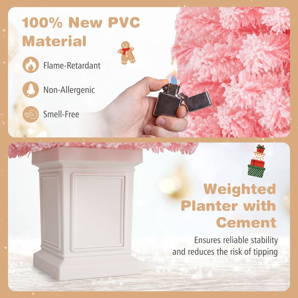 Pre-lit potted artificial Christmas tree with pink leaves, 100 warm white LED lights, and weighted cement planter for stability.