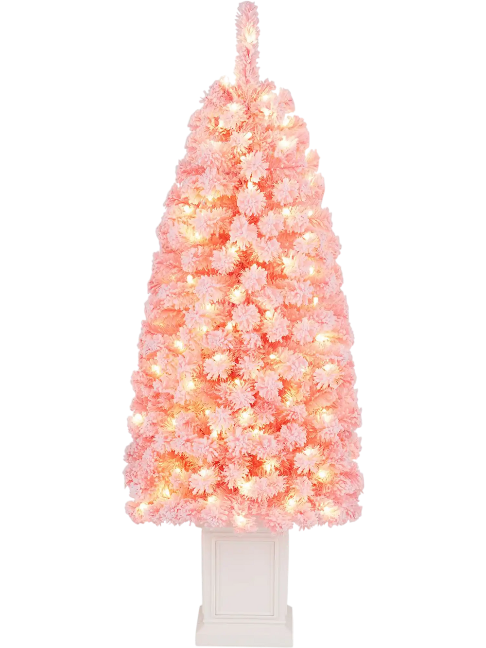 Pre-lit 4FT potted artificial Christmas tree with pink leaves and 100 warm white LED lights for festive decoration.
