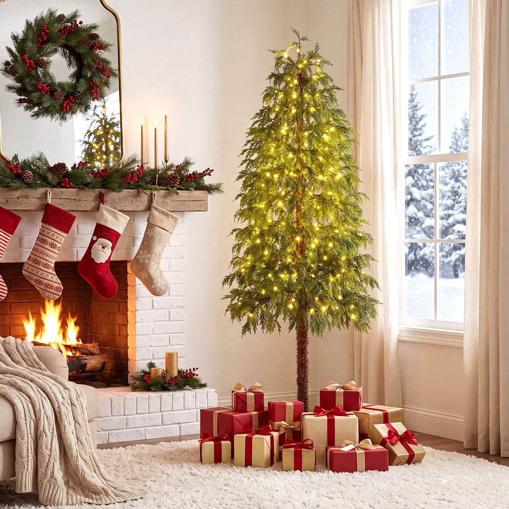 Prelit 6FT artificial Christmas tree with warm white and multicolor LED lights, surrounded by wrapped gifts in a cozy setting.