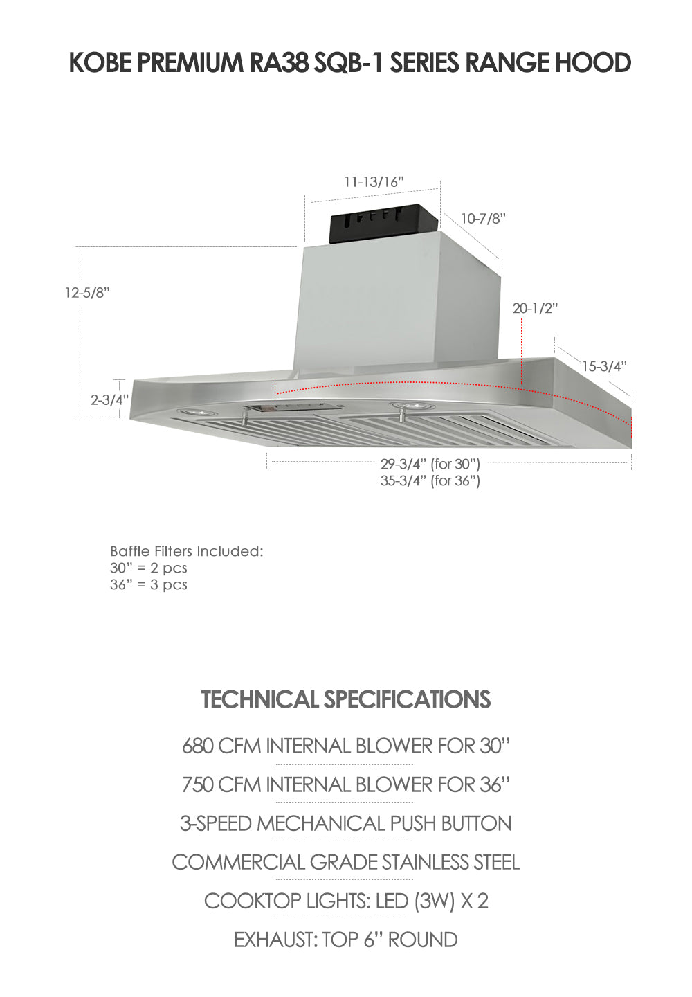 Kobe RA38 Premium Range Hood Under Cabinet 30" 3-Speed 680 CFM New