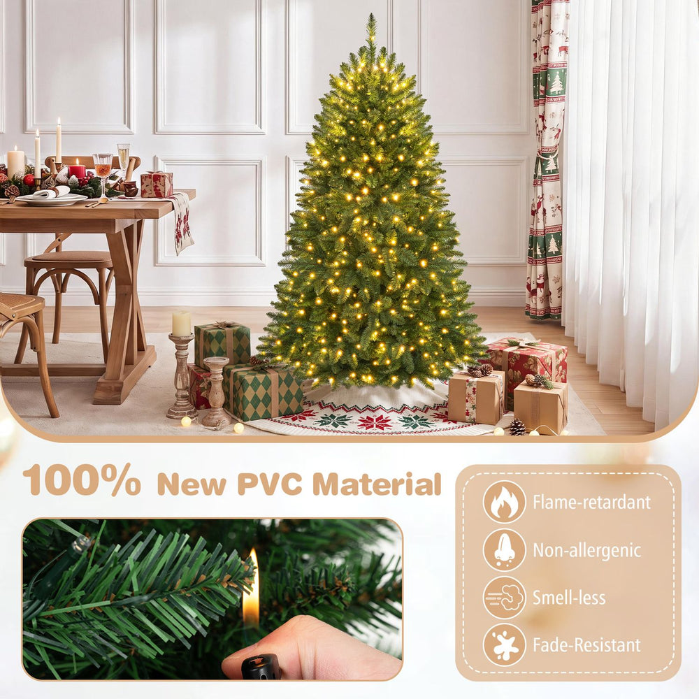 Premium 5 ft hinged artificial fir Christmas tree with LED lights, made from flame-retardant PVC for safe holiday decorating.