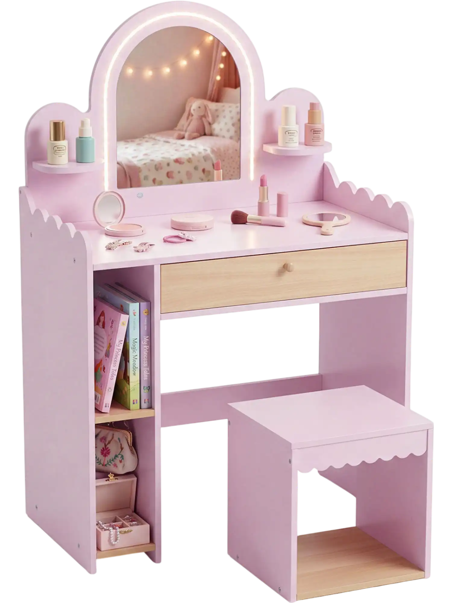 Costway Kids Pretend Makeup Dressing Table Vanity Set w/ Shelves & Compartments 60214659 New