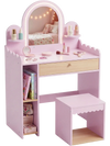 Pink pretend makeup dressing table set featuring two small shelves for storage and a spacious surface for imaginative play.