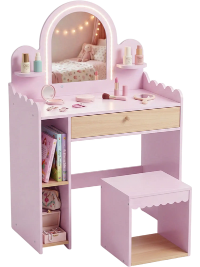 Costway Kids Pretend Makeup Dressing Table Vanity Set w/ Shelves & Compartments 60214659 New