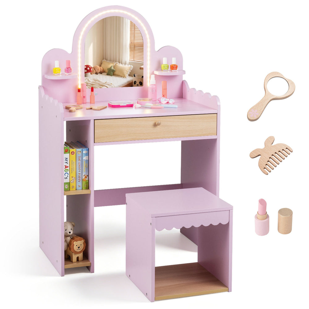 Pink pretend makeup dressing table set with shatter-proof mirror, storage compartments, and 3 lighting modes for kids.