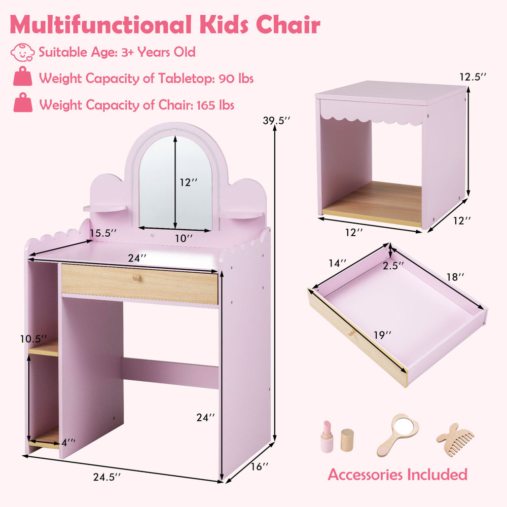 Multifunctional kids chair in pink with a shatter-proof mirror, storage compartments, and included accessories for creative play.