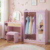 Pink pretend makeup dressing table set with shatter-proof mirror, storage, and 3-in-1 stool for kids' playroom fun.