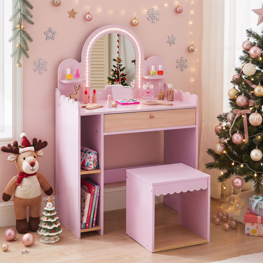 Pink pretend makeup dressing table set with shatter-proof mirror, storage compartments, and 3-in-1 matching stool for kids.