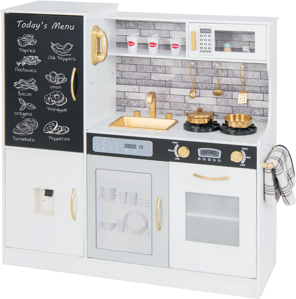Pretend play kitchen in white with utensils, featuring a sink, stove, and dishwasher for imaginative cooking fun.
