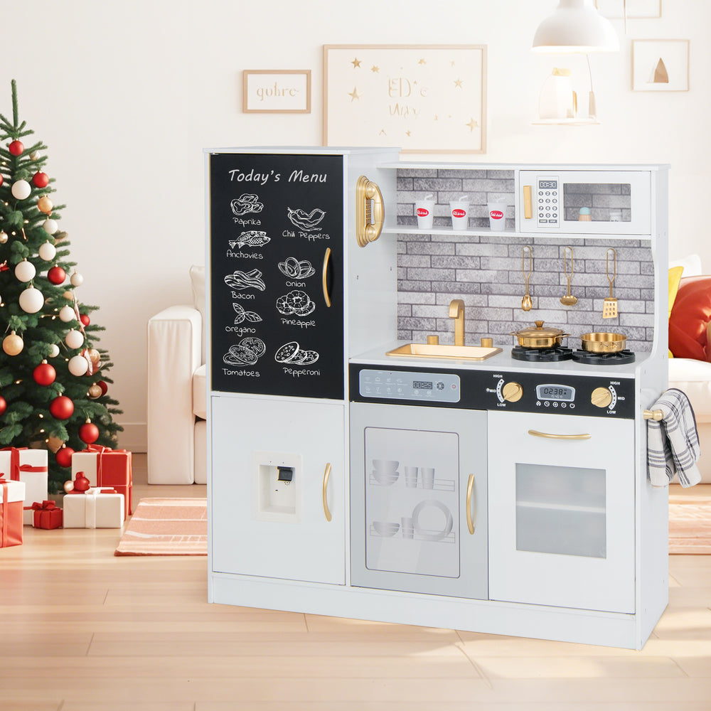 Pretend play kitchen in white with utensils, featuring a dishwasher, oven, and realistic sounds for imaginative play.