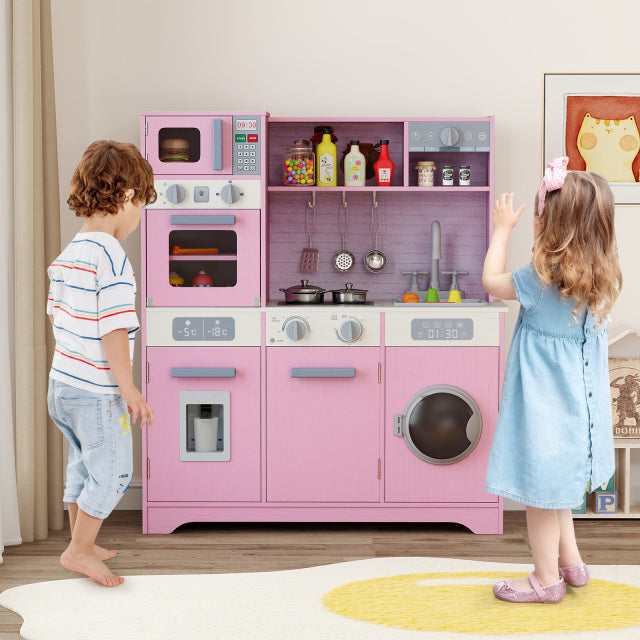 Pretend Play Kitchen Wooden Toy Set Kitchen Accessory Playset with Real Lights Sounds-Pink - Gallery View 1 of 10
