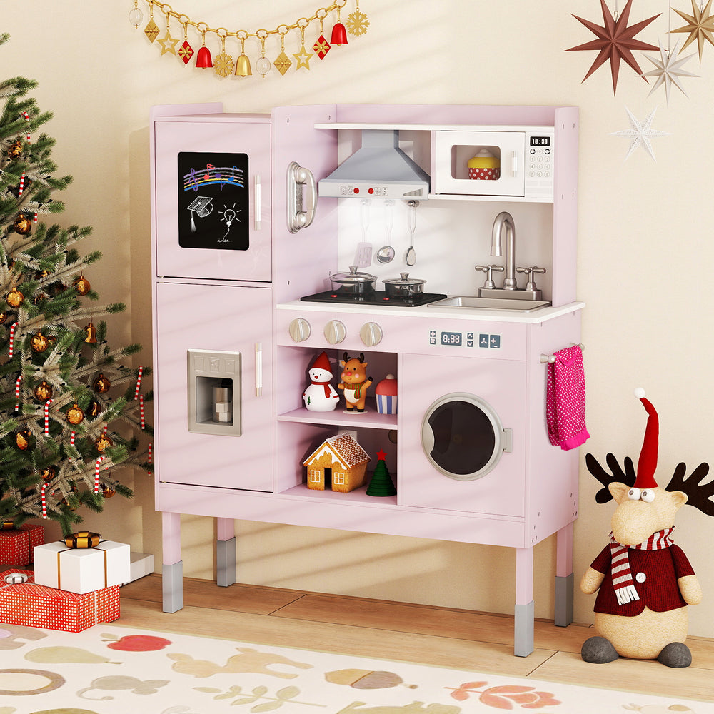 Pretend Play Kitchen Toy Kitchen Playset with Range Hood Ice Maker and Telephone-Pink - Gallery View 1 of 10