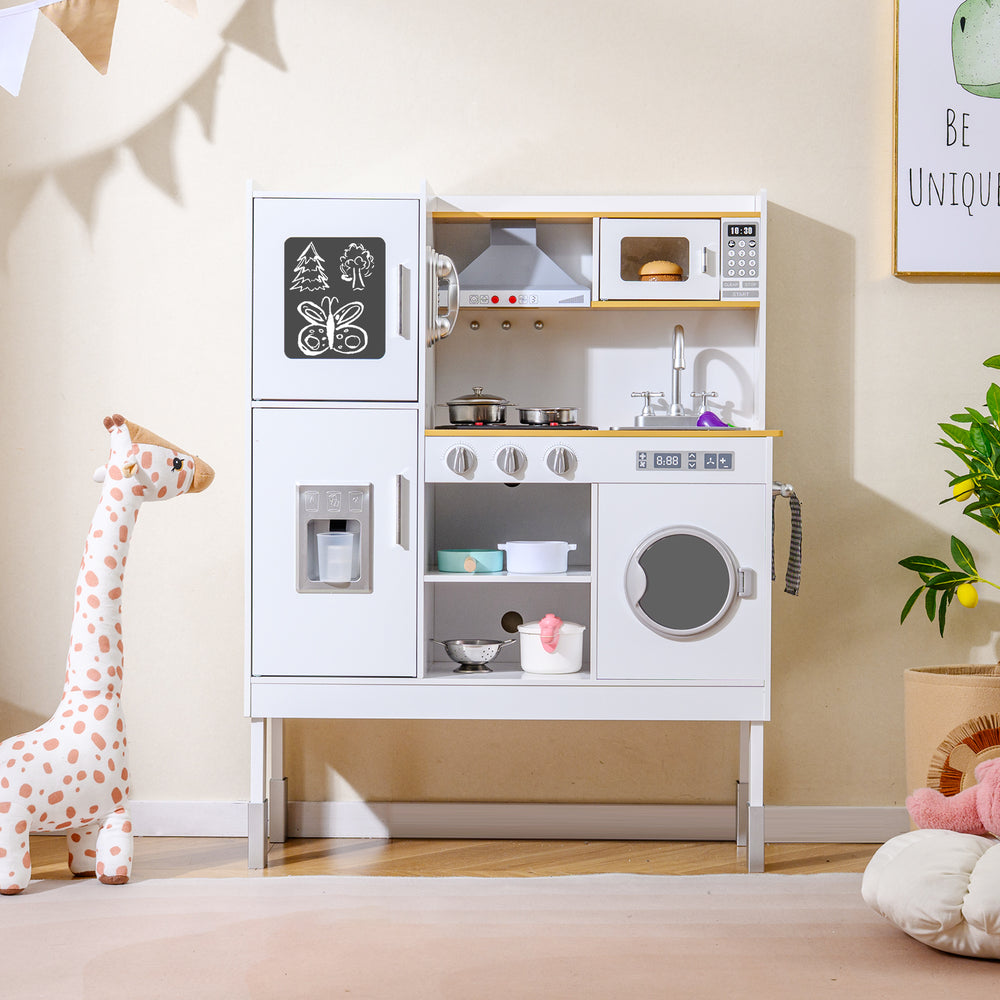 Pretend play kitchen toy set in white with range hood, ice maker, and multiple accessories for kids aged 3+.